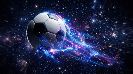 Fototapeta premium Soccer ball moving at light speed with cosmic energy trail..jpg soaring through a dark starry galaxy surrounded by glowing blue and purple nebulas.