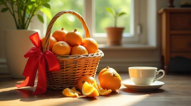 A sunlit wicker basket overflowing with vibrant citrus fruit, adorned with a festive red ribbon, rests beside a tranquil cup of tea on a warm wooden surface.