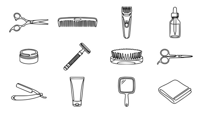 Barber Tools Collection: Scissors, Razor, Comb, Clippers, Brush, Cream, Oil Bottle