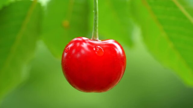 Close up of red cherry hanging on the branch, close up of red cherry