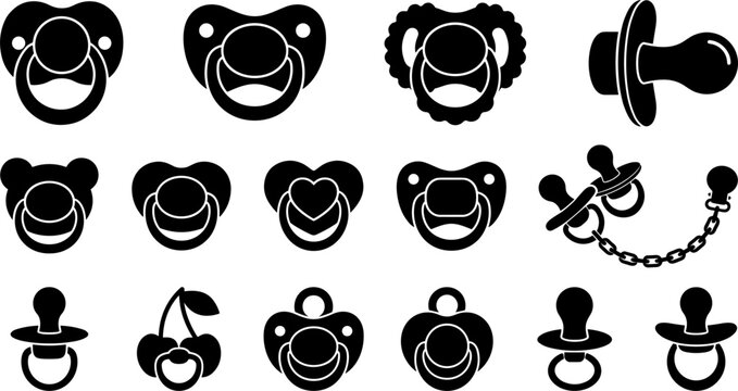 Baby Pacifier Silhouette Icon Set with Teether Dummy Nipple Holder Chain and Soother for Newborn Care Nursing and Maternity Graphic Designs
