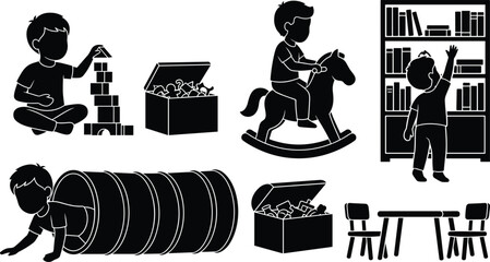 Kindergarten Classroom Activity Icon Set with Kids Playing Blocks, Rocking Horse, Crawling Tunnel, Toy Chests, Bookshelf, and Small Table Silhouette Vectors