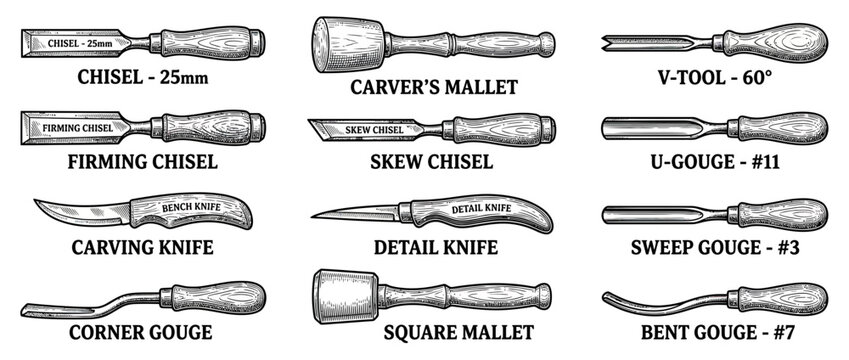 Wood Carving Tools Collection - Hand Drawn Illustration
