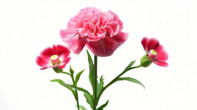 Delicate Pink Carnations: A trio of vibrant pink carnations, with one large bloom centered and two smaller buds flanking it, showcases their ruffled petals and verdant stems against a clean backdrop.