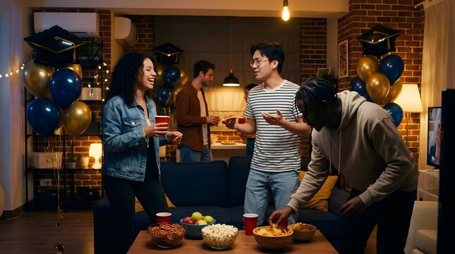Diverse friends celebrating graduation party at home interior.