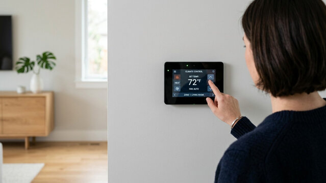 Over-the-shoulder view of a woman using a digital smart home thermostat panel to adjust the temperature to 72 degrees Fahrenheit in a modern, bright living room interior.