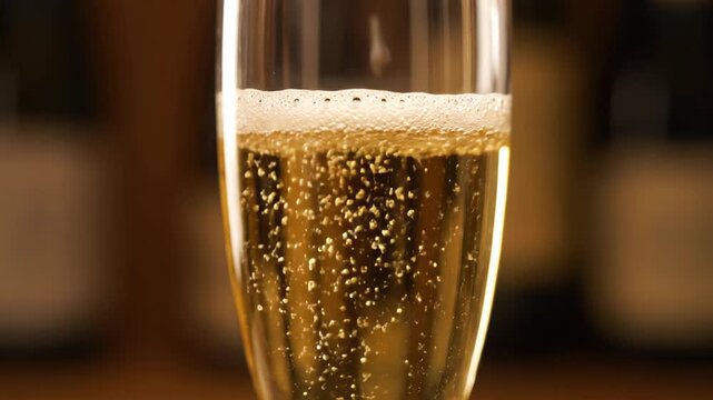 Champagne poured into a stemware close up, golden wine poured into the stemware