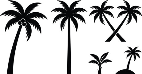 Fototapeta premium Tropical Palm Tree Silhouette Icon Set Featuring Coconut Palms, Crossed Trunks, Small Sprout, and Desert Island Vector Graphics for Summer Travel Designs