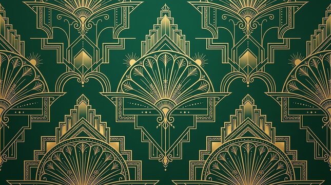 Elegant Art Deco geometric pattern with gold lines on green background, luxurious vintage 1920s style architectural wallpaper design