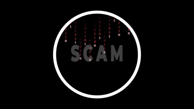 Anti Scam Red Prohibition Symbol Animation with Binary Code Matrix Background