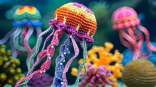 Crocheted Jellyfish Under the Sea: Vibrant, handmade crocheted jellyfish drift gracefully in a colorful underwater scene, adorned with intricate details and flowing tentacles.