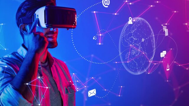 A young man engages with virtual reality technology, surrounded by digital elements symbolizing globalization and connectivity, in a visually striking futuristic environment. Raster