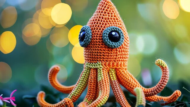 Crocheted Cute Squid Toy: A whimsical, orange crocheted squid toy with large, expressive eyes sits amongst lush green foliage, its tentacles artfully arranged. Soft.