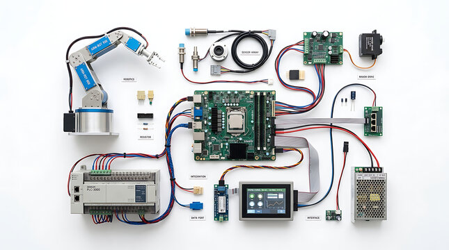 Industrial Automation and Robotic Arm Development Kit with Electronic Components and Sensors on White Background