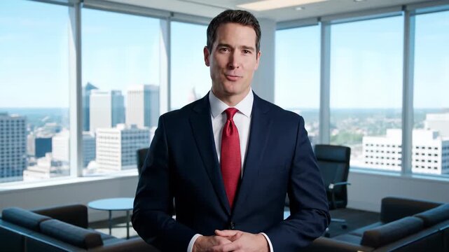 Men in suits stand in front of each other in the office, and business men give speeches