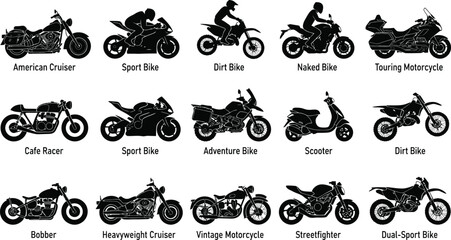 Comprehensive set of fifteen black and white motorcycle silhouettes with descriptive labels for various bike types and riding styles © AYAN HASSAIN RIFAT