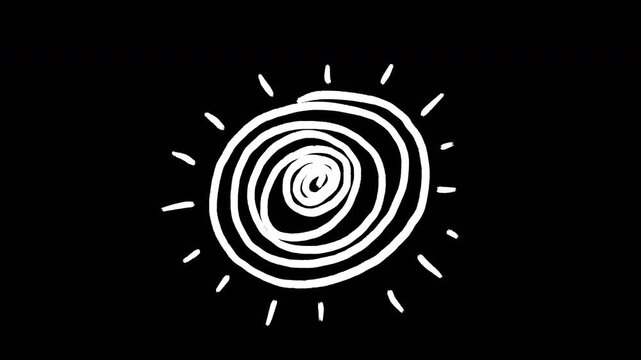 Hand-drawn white scribble sun spiral spinning on black background creative artistic animation Video 4K
