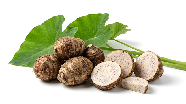 Fresh raw taro root or dasheen with green leaves isolated on white background, healthy organic vegetable