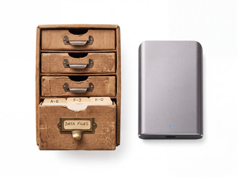 Old vs new data storage concept, top view flat lay comparison of a retro vintage cardboard index card cabinet and modern sleek external hard drive, digital transformation isolated on white background