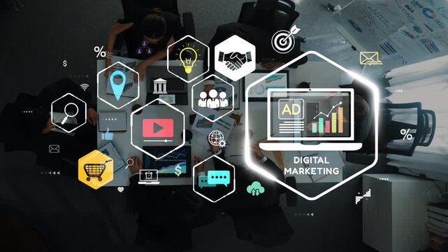 A collaborative workspace showcasing digital marketing concepts with various icons representing tools, analytics, and strategies for enhancing business engagement and growth. Raster