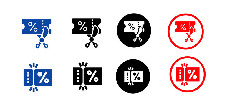 Discount coupon and voucher icon set. Scissors cutting a percentage ticket and tearing ticket symbols in blue, black, and red. Vector illustration for sale and promo codes.