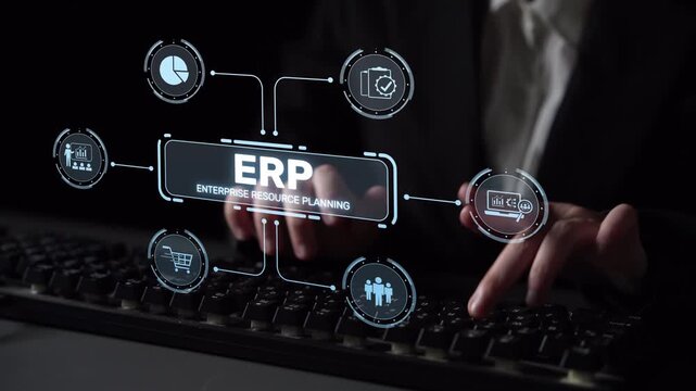 ERP platform visual showing centralized system for enterprise resource planning, improving integration, data flow, business efficiency, finance, inventory, and human resources. Muxer