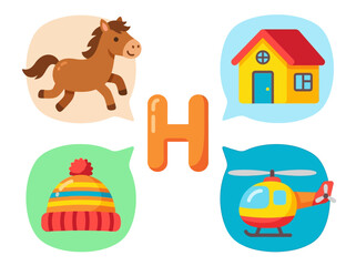 Fototapeta premium Alphabet H Learning with Horse House Hat Helicopter Icons.