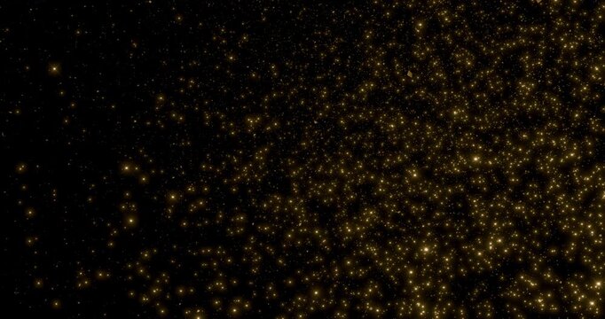 Glittering gold particle flying in black background. Sparkling turbulence glow effect. 4K 3D rendering animation.