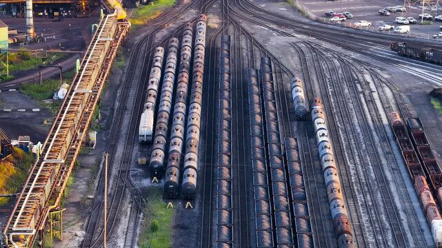 Aerial view of an industrial freight train yard