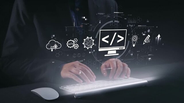 Modern web development concept featuring coding symbols, web development process, web development interface, and web development tools with futuristic design. Elide