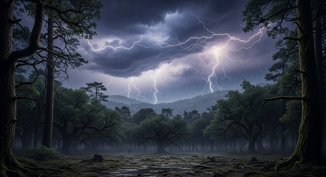Stormy forest lightning strikes