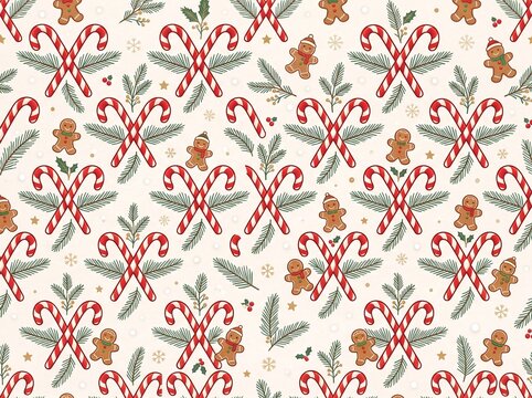 Seamless Christmas Pattern with Candy Canes and Gingerbread Men