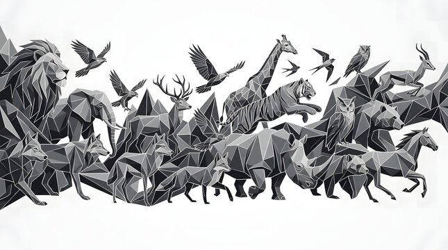 Collection of diverse wild animals depicted in a low-poly geometric art style with a monochromatic palette and mountainous background