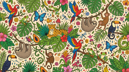 Naklejka premium Colorful Jungle Ecosystem with Exotic Animals and Botanical Pattern