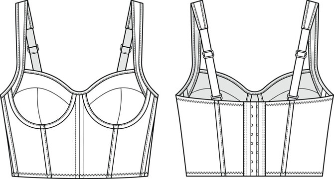 Women bustier corset top technical flat fashion sketch template featuring hook and eye closure front and back view