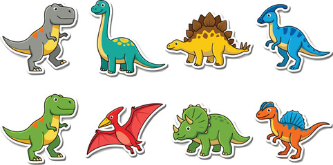 Cute Cartoon Dinosaur Sticker Pack, Adorable Prehistoric Animal Vector Collection © Kuddus