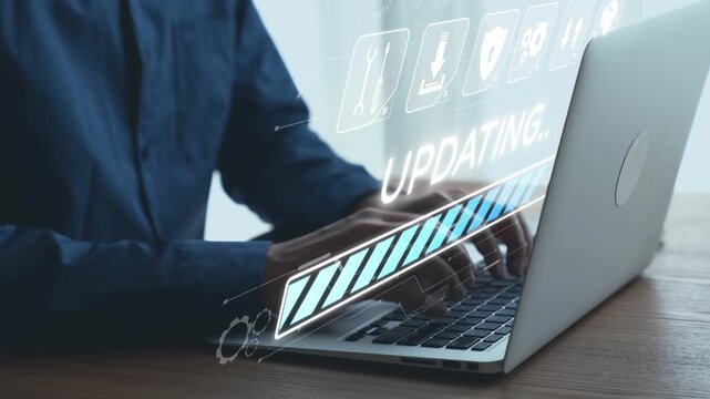Modern Laptop Usage with Software Update Process, Busy Professional Typing on Computer, Digital Interface, Technology in Action, User Experience. Qubit.
