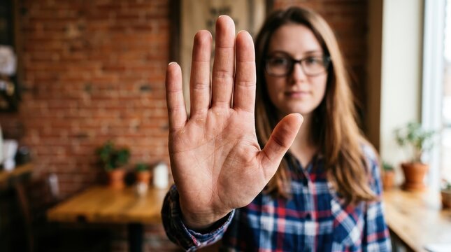 Determined woman in plaid shirt showing stop gesture with her open palm facing camera in a cafe setting with brick walls. Expression representing boundaries, rejection, and vital personal safety stop.