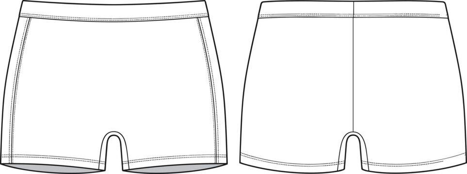 Men swimmer trunks boxer briefs technical flat fashion sketch template featuring elastic waistband front and back view illustration