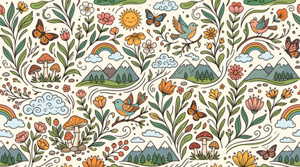 Fototapeta premium Whimsical Nature Seamless Pattern with Mountains Birds Flowers and Butterflies