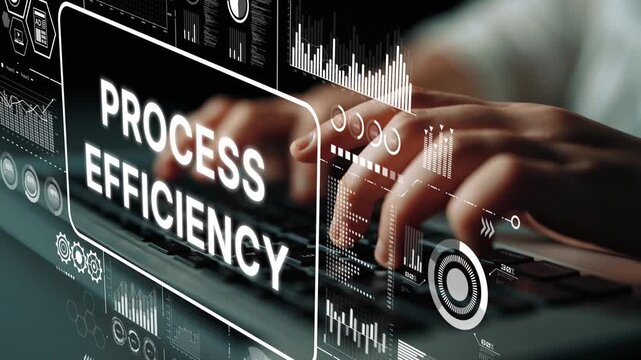 Hands Typing on Keyboard with Data Visualization for Process Efficiency and Modern Technology Concepts in Business Analysis. Asymptotic smart data analytic.