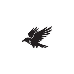 Fototapeta premium Minimalist black silhouette of a flying crow isolated on a white background.