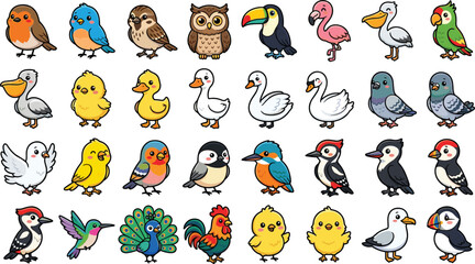 Fototapeta premium Cute Cartoon Birds and Domestic Poultry Aviary Wildlife Vector Illustration Set