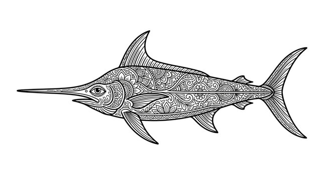 Swordfish marlin illustration with intricate mandala patterns.