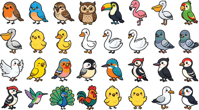 Cute Cartoon Birds and Domestic Poultry Aviary Wildlife Vector Illustration Set