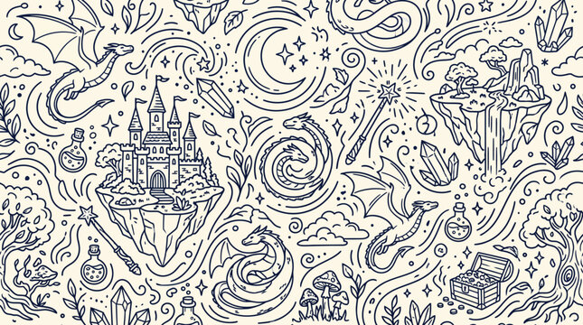 Fantasy seamless pattern with dragons castle and magic elements