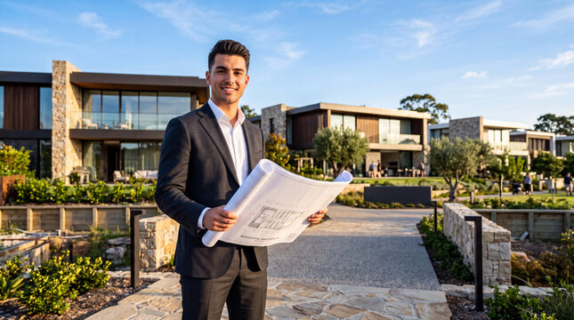 Young Real Estate Entrepreneur Holding Architectural Blueprints in Front of Luxury Residential Development