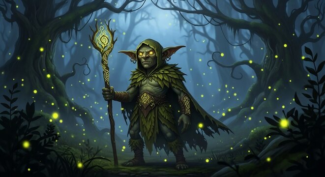 Small forest goblin warrior holding magical staff standing in enchanted woods with fireflies.