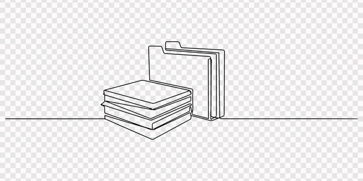 Continuous one line drawing of a stack of books, stack of papers documents continuous one line drawing vector, a continuous line drawing of a row of books standing upright and one book tilted. vector 
