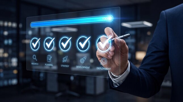 Businessman hand using stylus pen to mark last checkmark icon on glowing transparent hundred percent completed project workflow interface screen